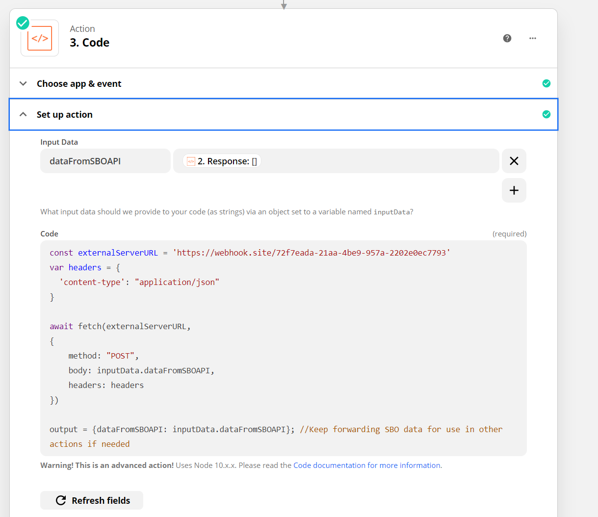 A screenshot of the Code settings in Zapier.