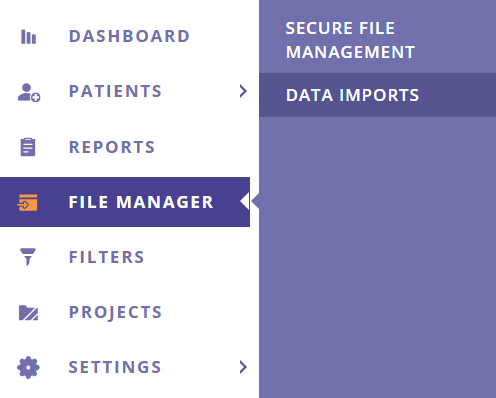 A screenshot of the side menu in the Data Management Portal with Data Imports selected under Filer Manager.