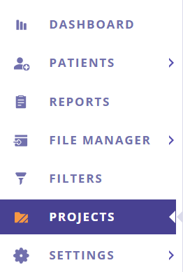 A screenshot of the side menu in the Data Management Portal with Projects selected.