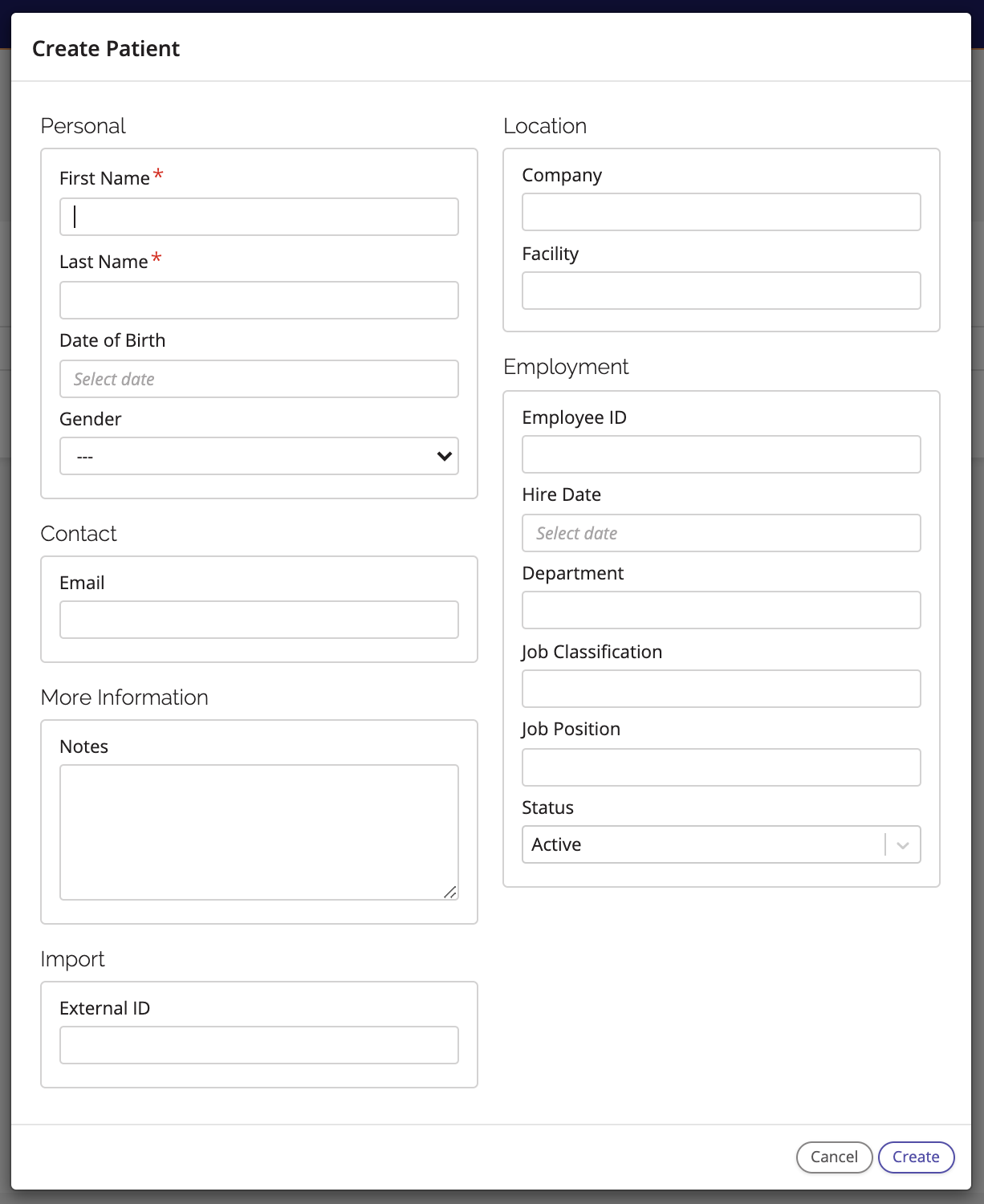 A screenshot of the form that is displayed when creating a new patient.