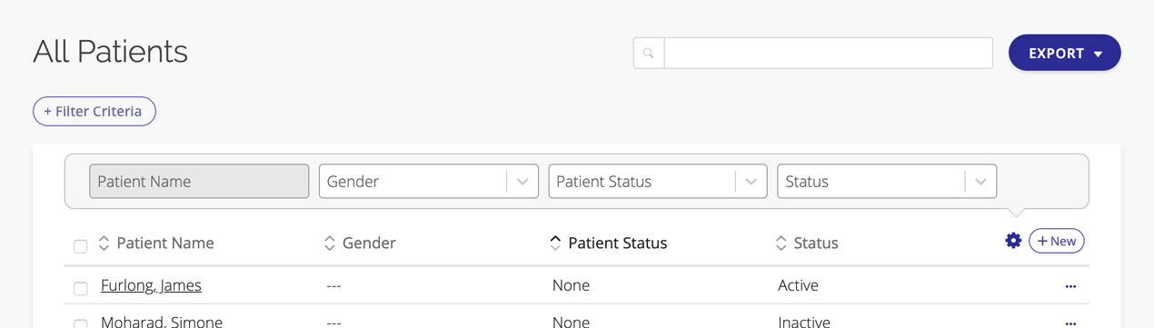 A screenshot of the patient list with the columns options displayed.