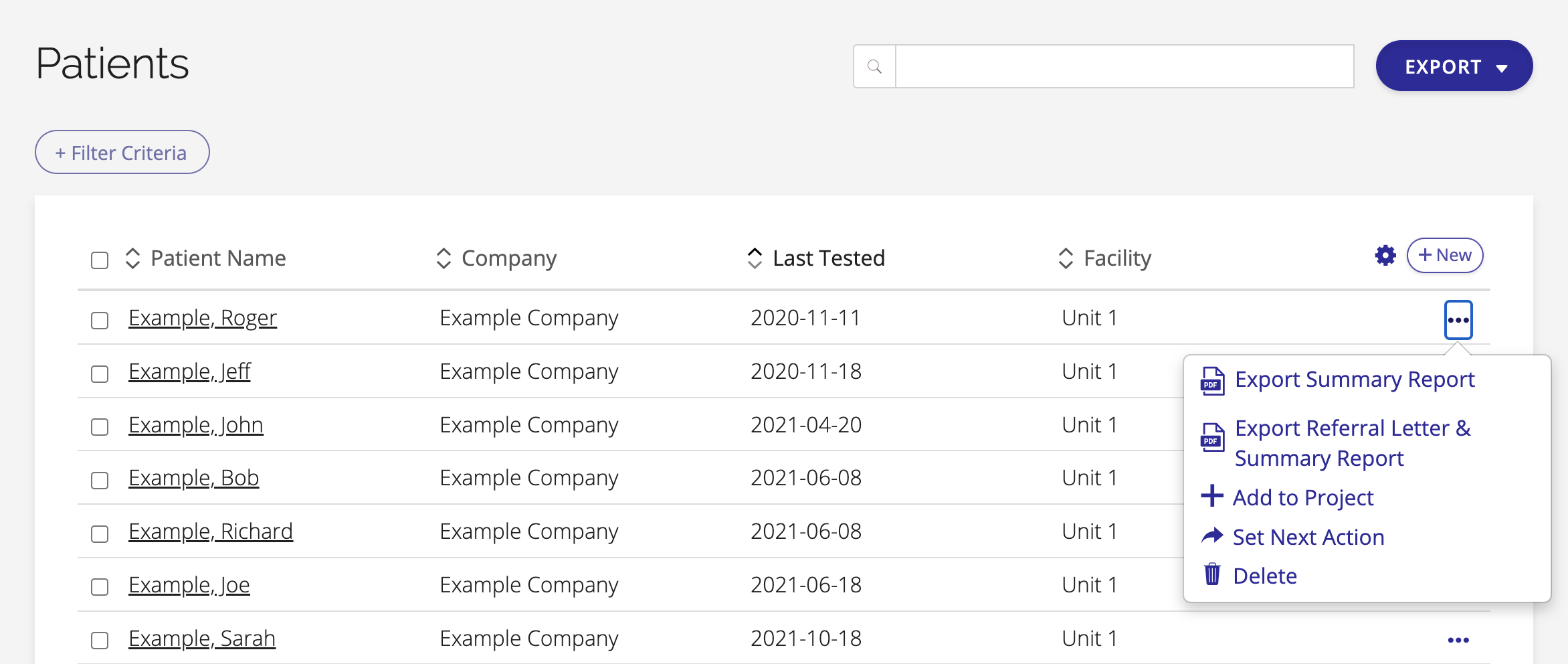 A screenshot of the patient list with the three-dot menu options displayed.
