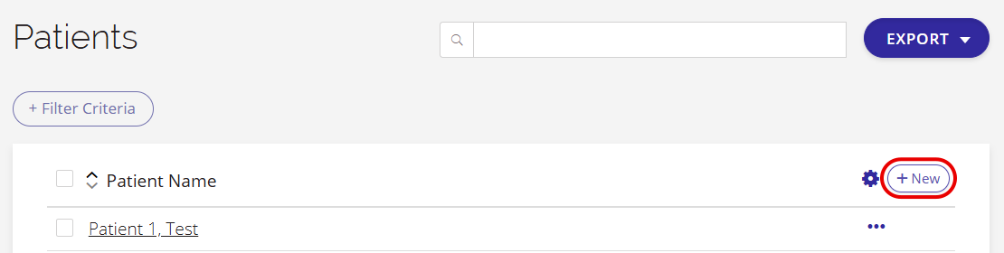 A screenshot of the Patients page with the New button highlighted.