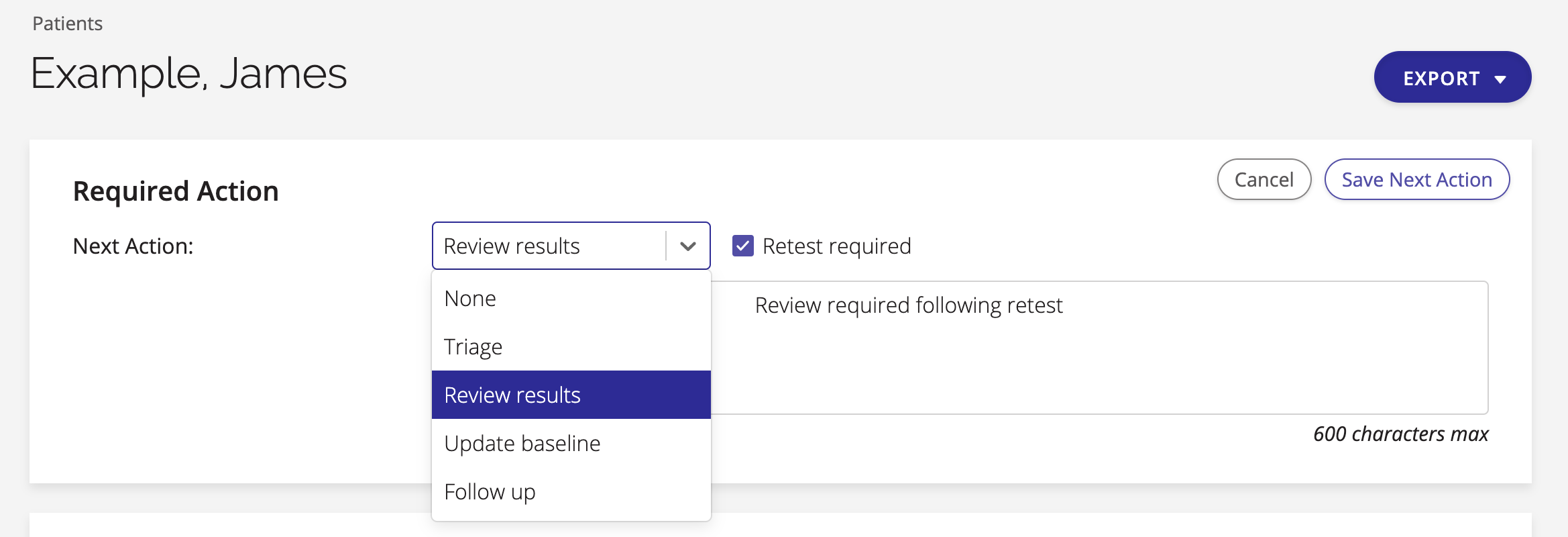 A screenshot of the Required Action section with a the options in the Next Action dropdown displayed. 