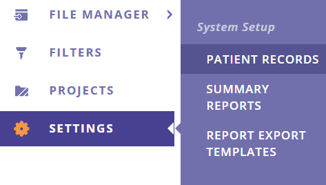 A screenshot of the Data Management Portal's side menu with Settings and Patient Records highlighted.