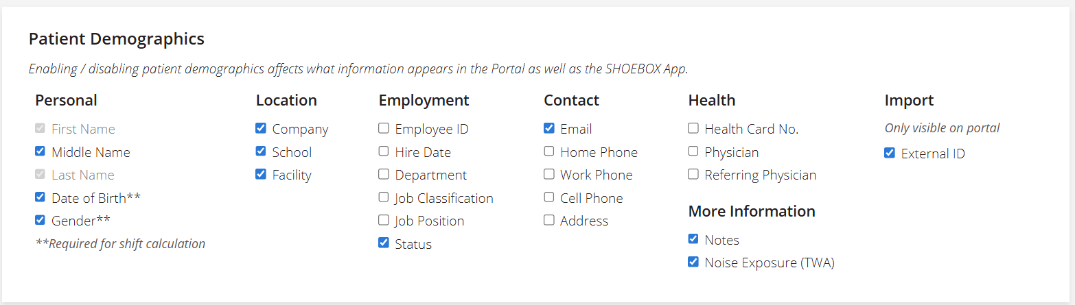 A screenshot of the options available for displaying demographic information in a patient's file.