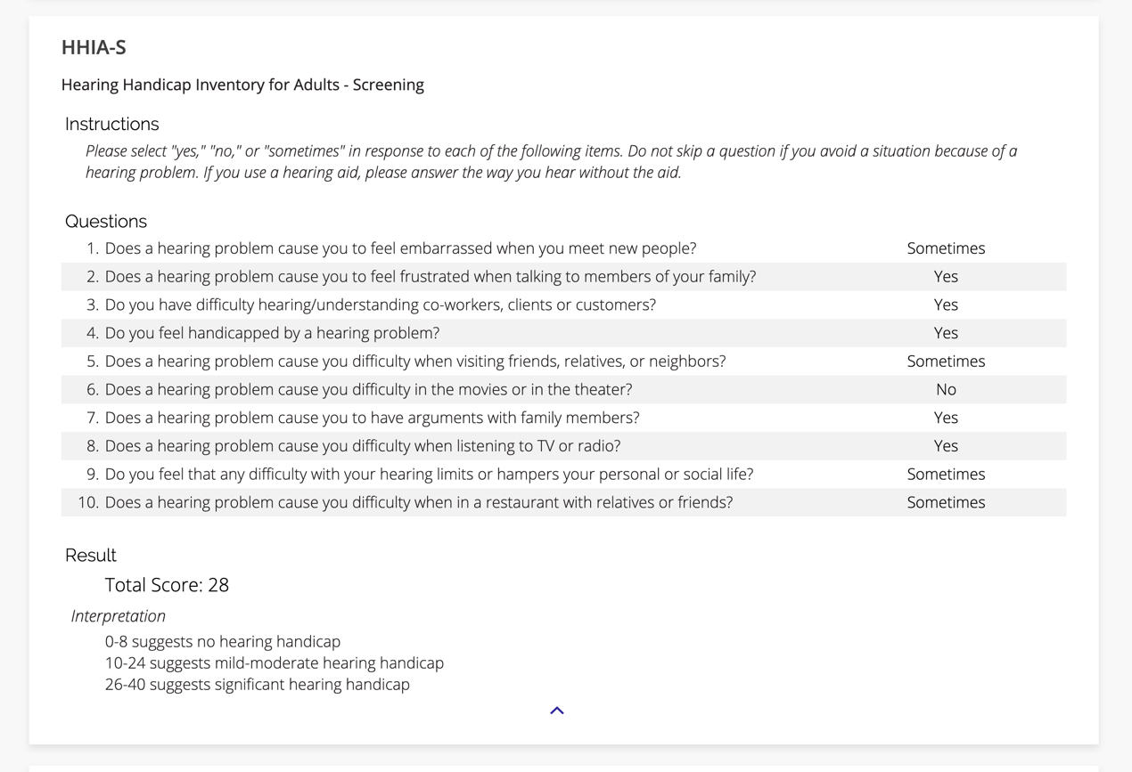 A screenshot of the Questionnaire section on an individual patient's page.