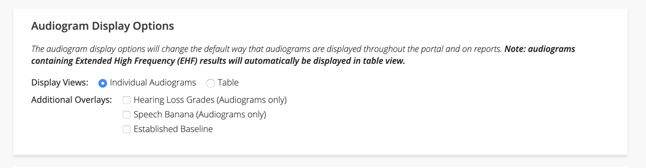 A screenshot of the Audiogram Display Options on the Patient Records page.