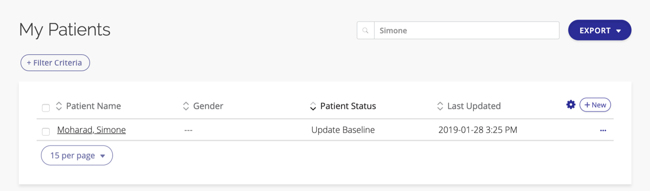 A screenshot of the Patient list in the Data Management Portal.