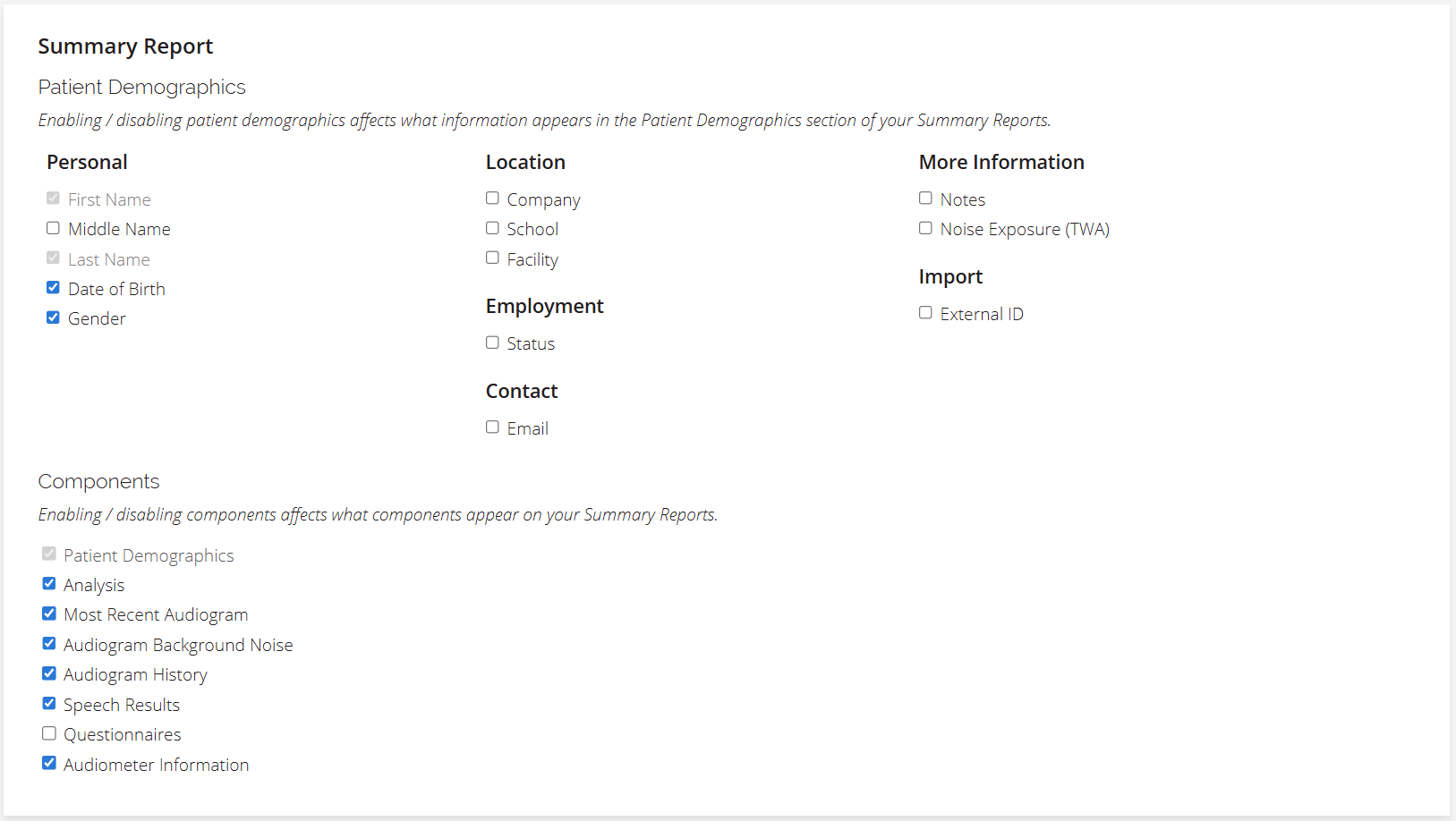 A screenshot of the options that can be selected to be included in a summary report.