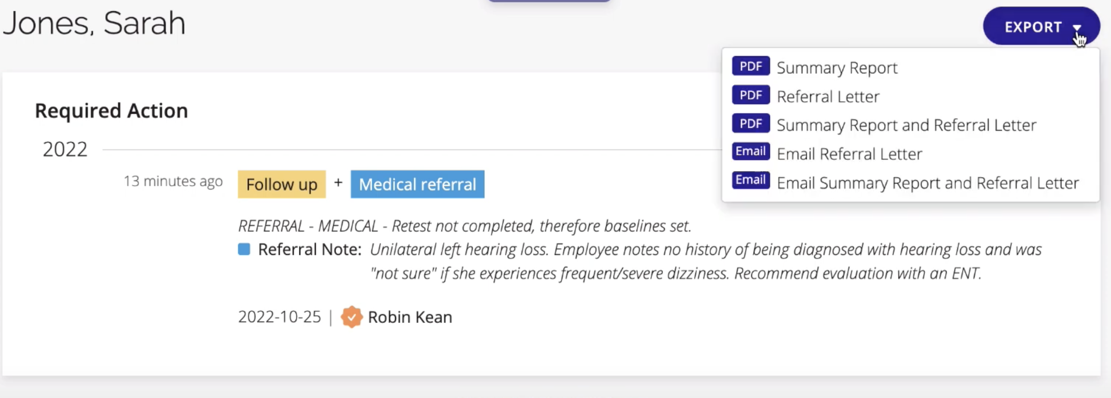 A screenshot of the Export button options on an individual patient's page.
