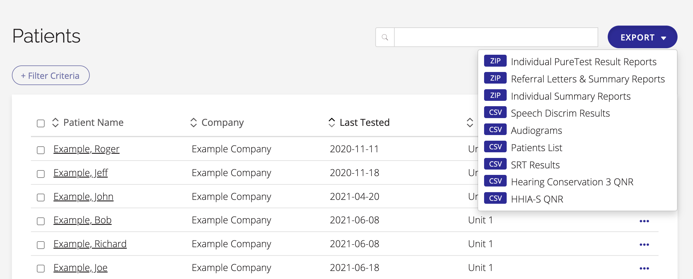 A screenshot of the Export button options on thel Patients page.