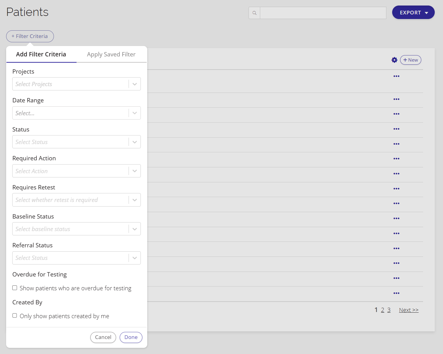 A screenshot of the filter options available on the Patients page.