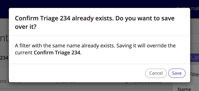 The confirmation popup that appears when updating a saved filter.