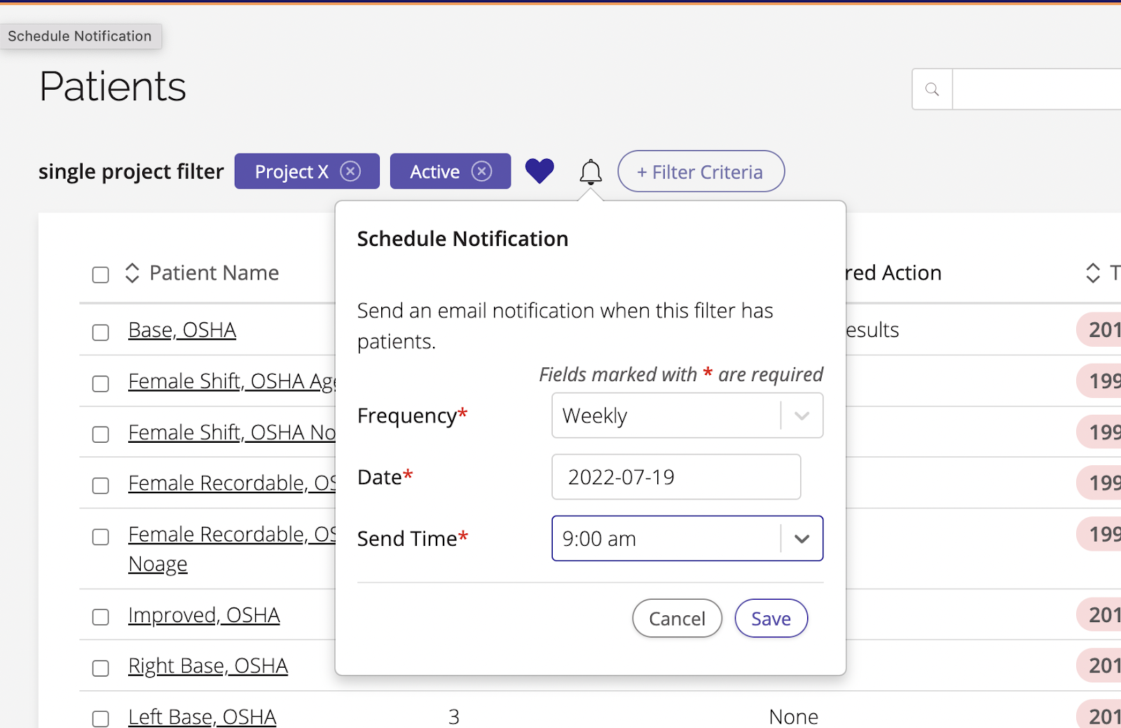 A screenshot of the Schedule Notification popup that is displayed when the Bell icon is clicked.