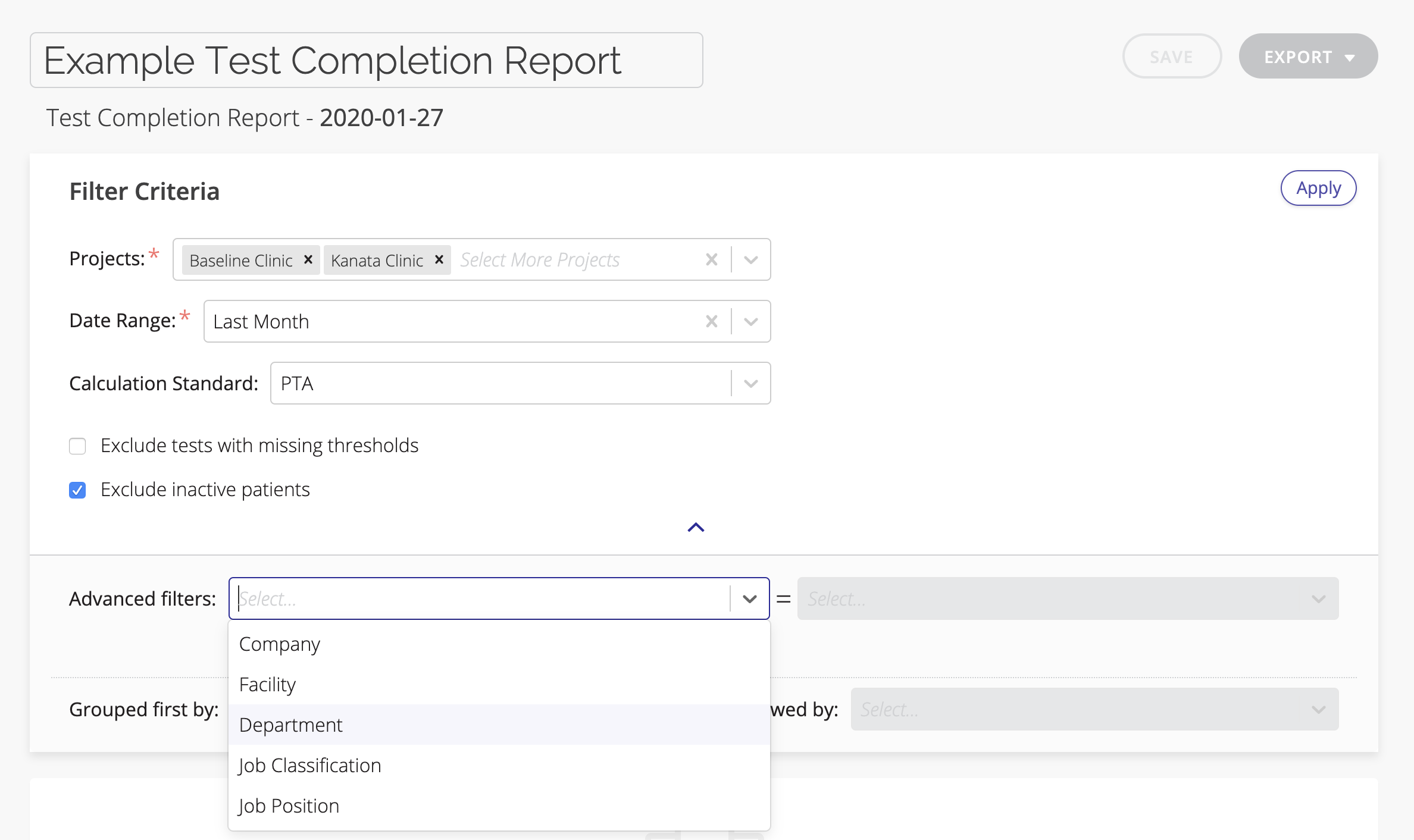 A screenshot of the options that are displayed when applying advanced filters to a report.