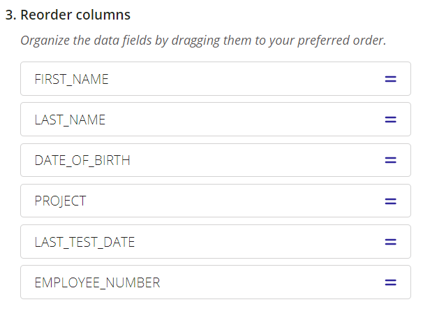 A screenshot of a custom export template section to reorder columns.