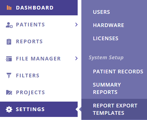 A screenshot of the portal menu with Report Export Templates selected.