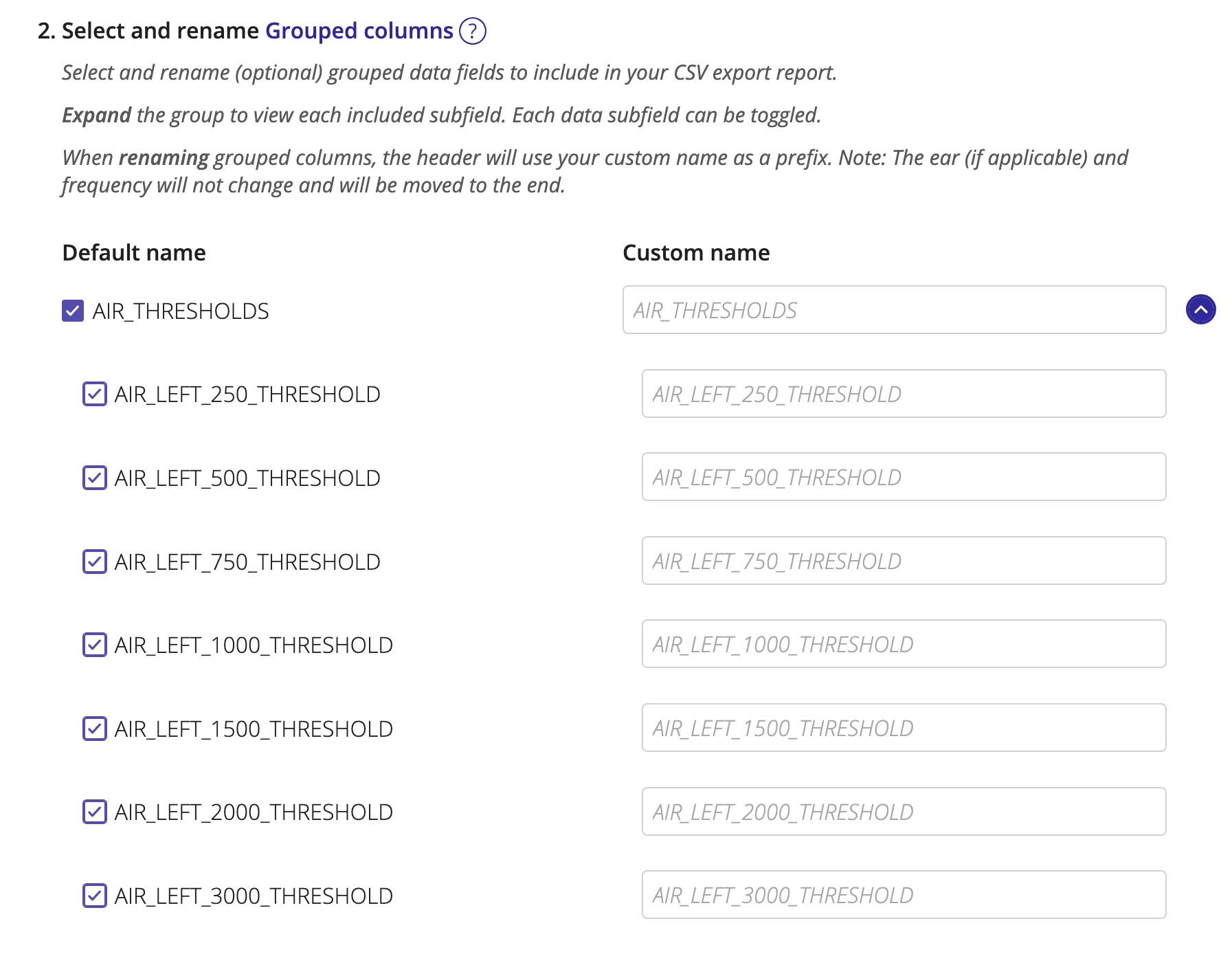 A screenshot showing the customization settings when renaming grouped columns for a report.