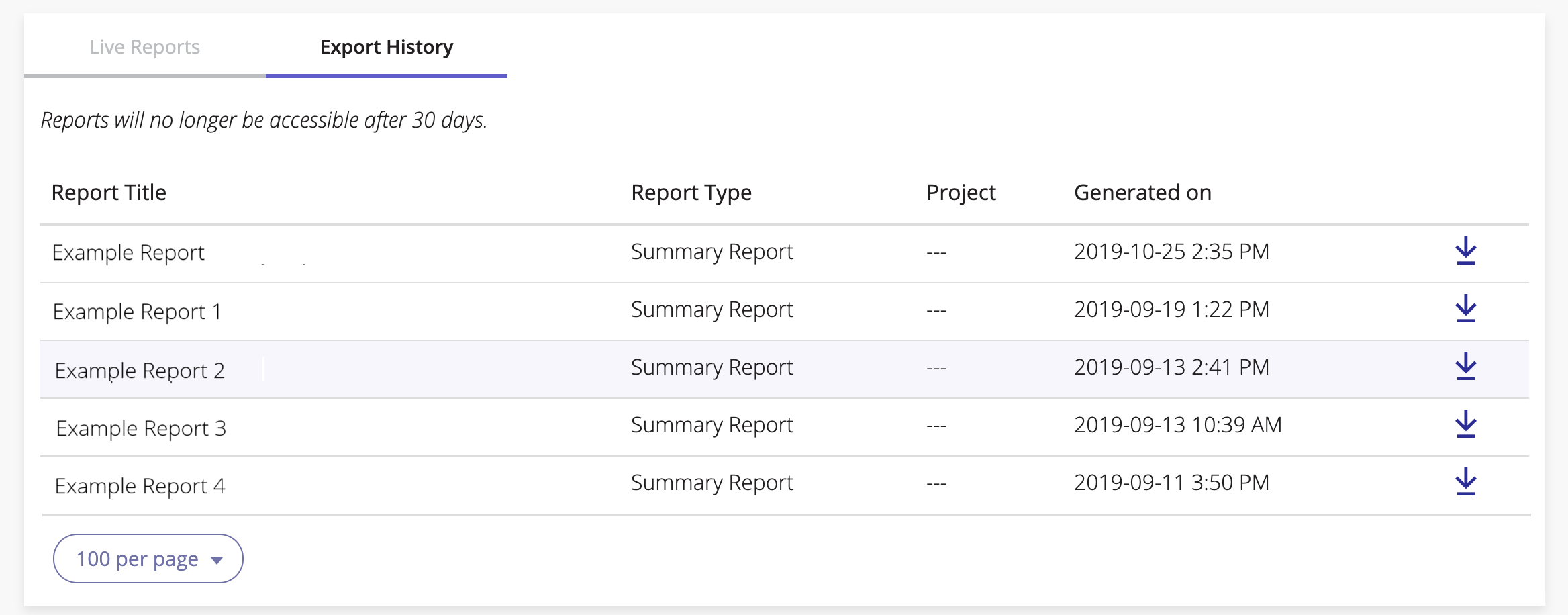 A screenshot of the Export History list.