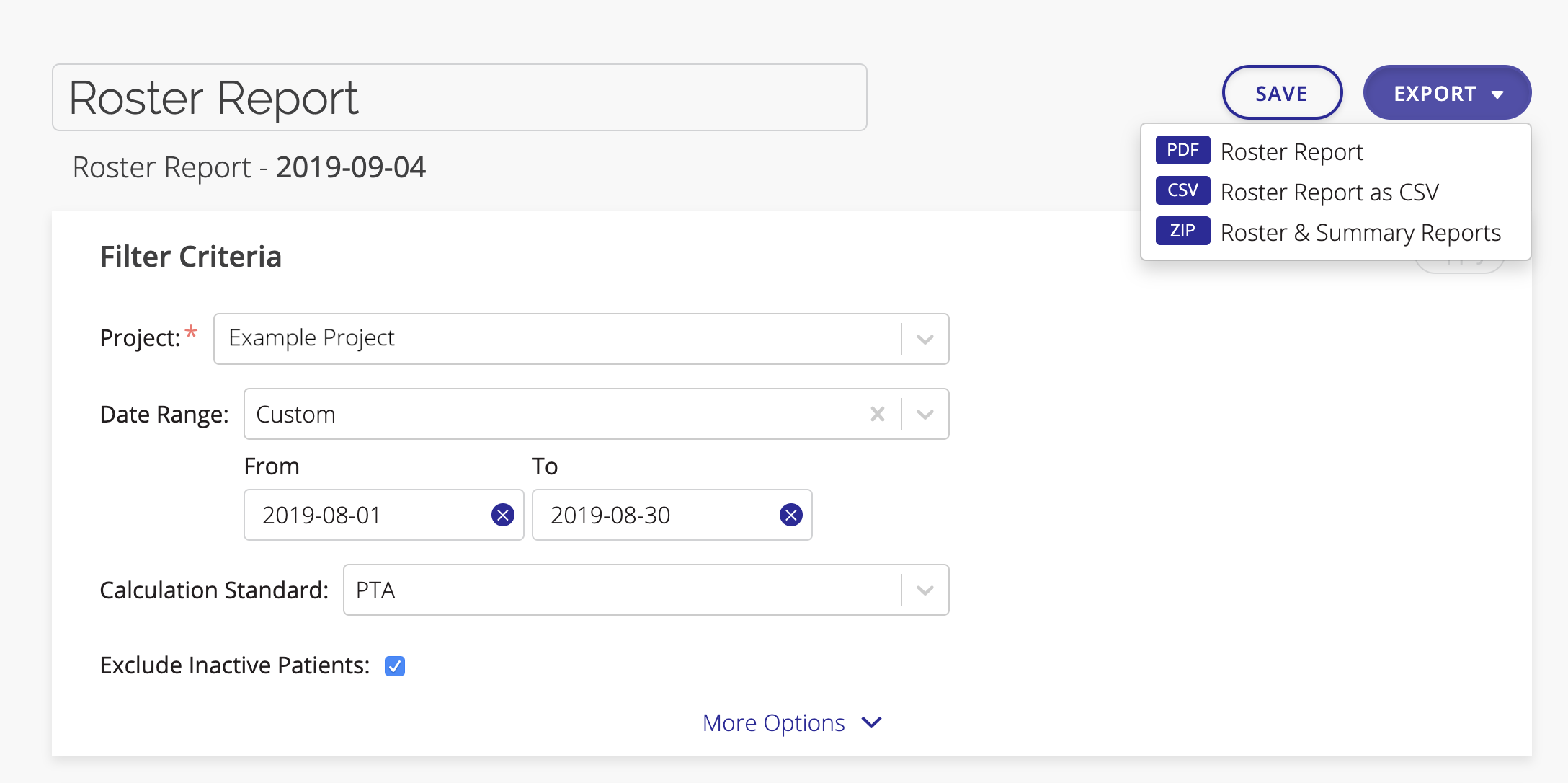 A screenshot showing the export options for a Roster Report.