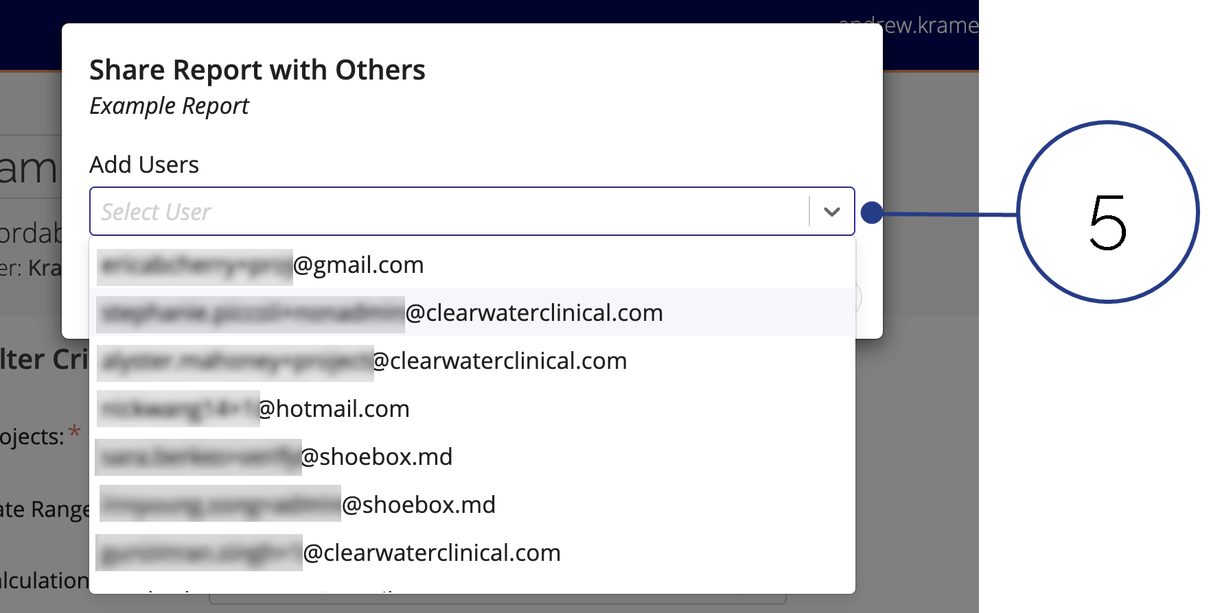 A screenshot of the Add Users popup menu that is displayed when selecting who to share a report with.