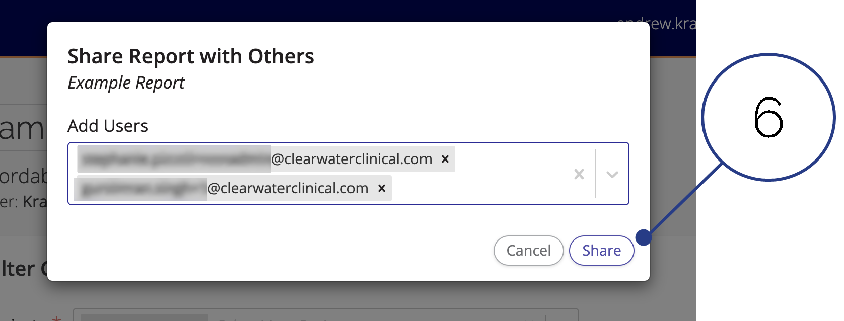 A screenshot of the Add Users popup with the Share button highlighted.