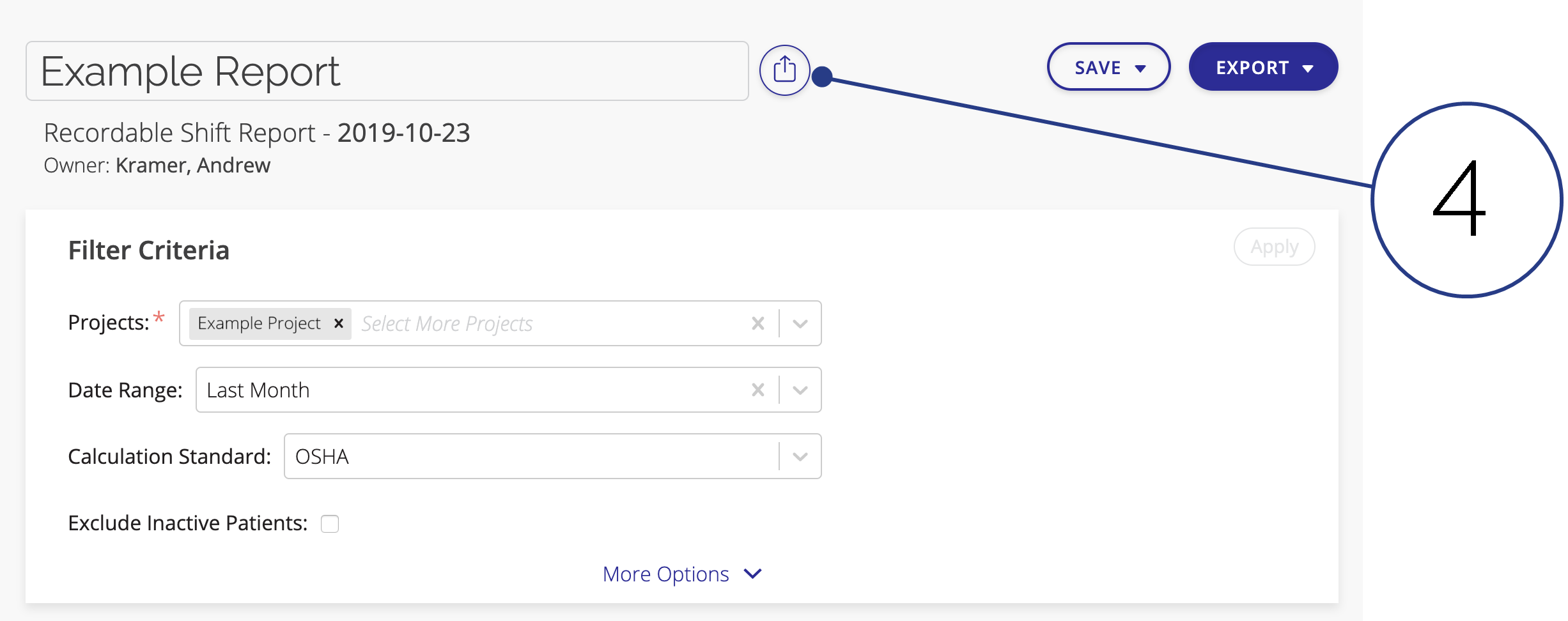 A screenshot of an example report with the Share icon highlighted.