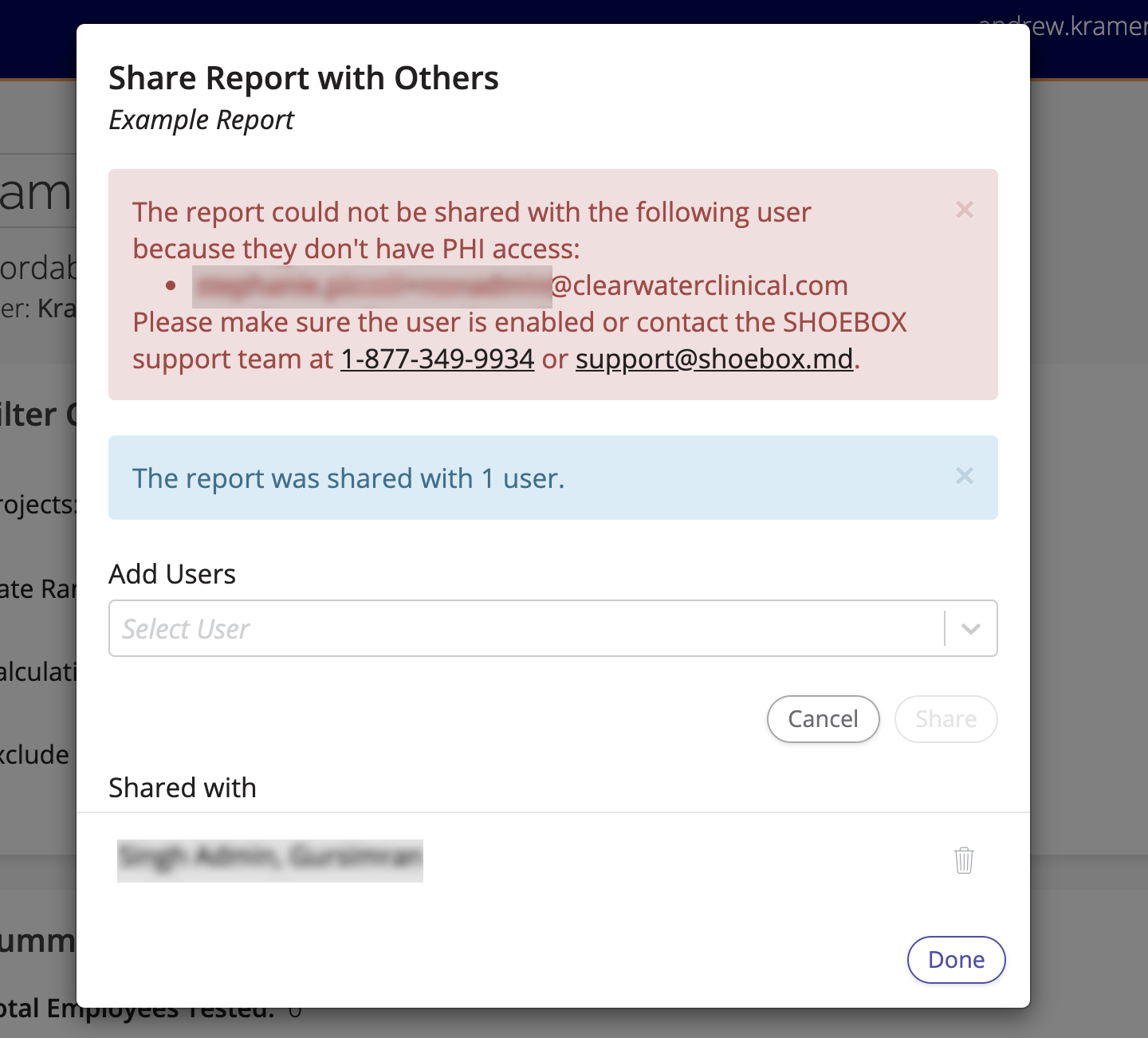 A screenshot that shows the error that appears when a report cannot be shared with a lower-access user.
