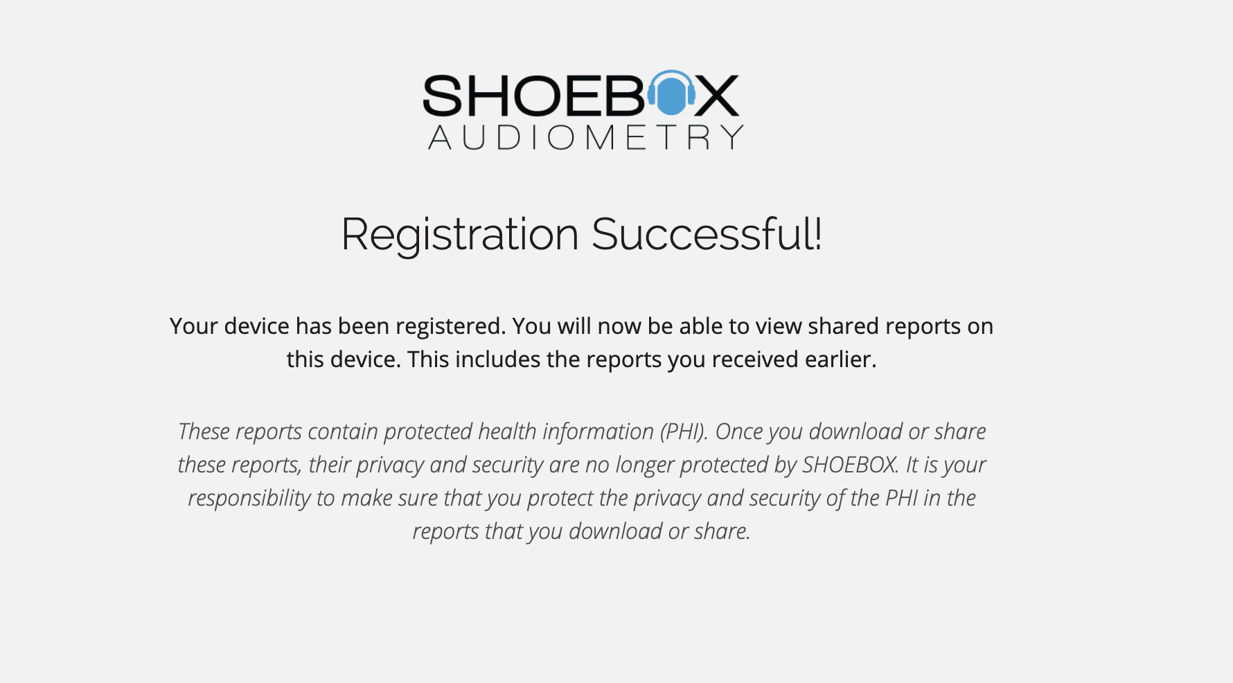 A screenshot of the message that is displayed once a user has registered successfully.