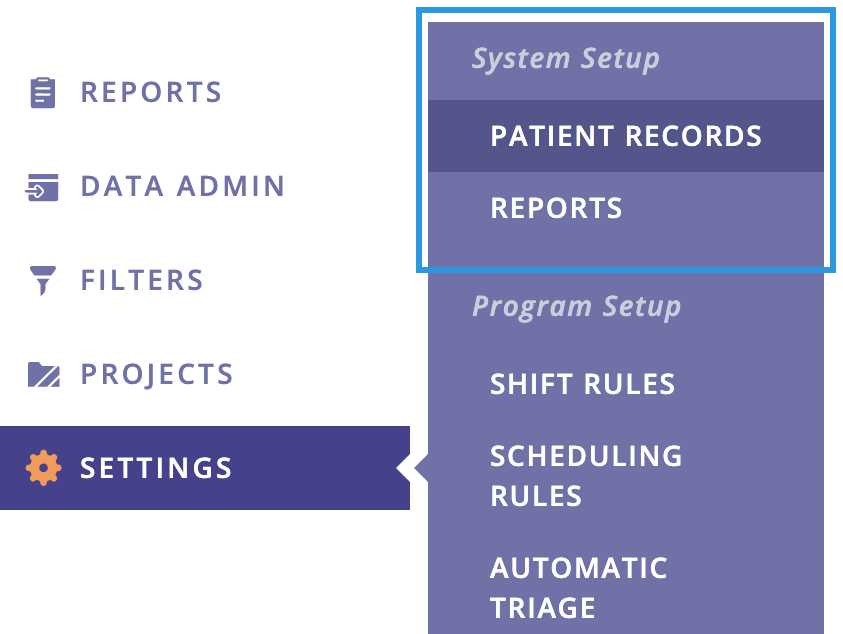 A screenshot of the system setup options in the sidebar menu.