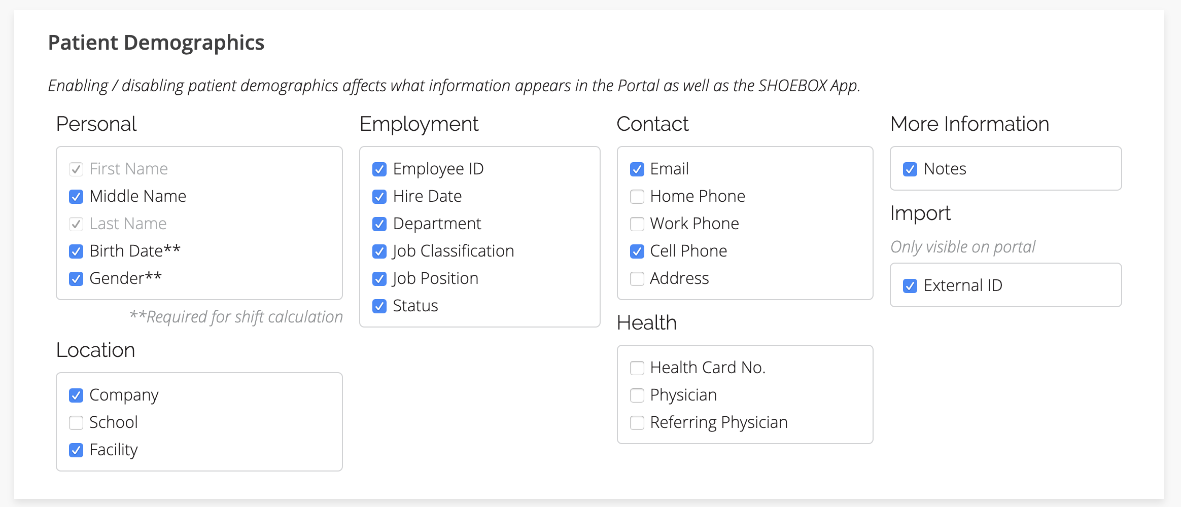 A screenshot of the patient demographics display options.