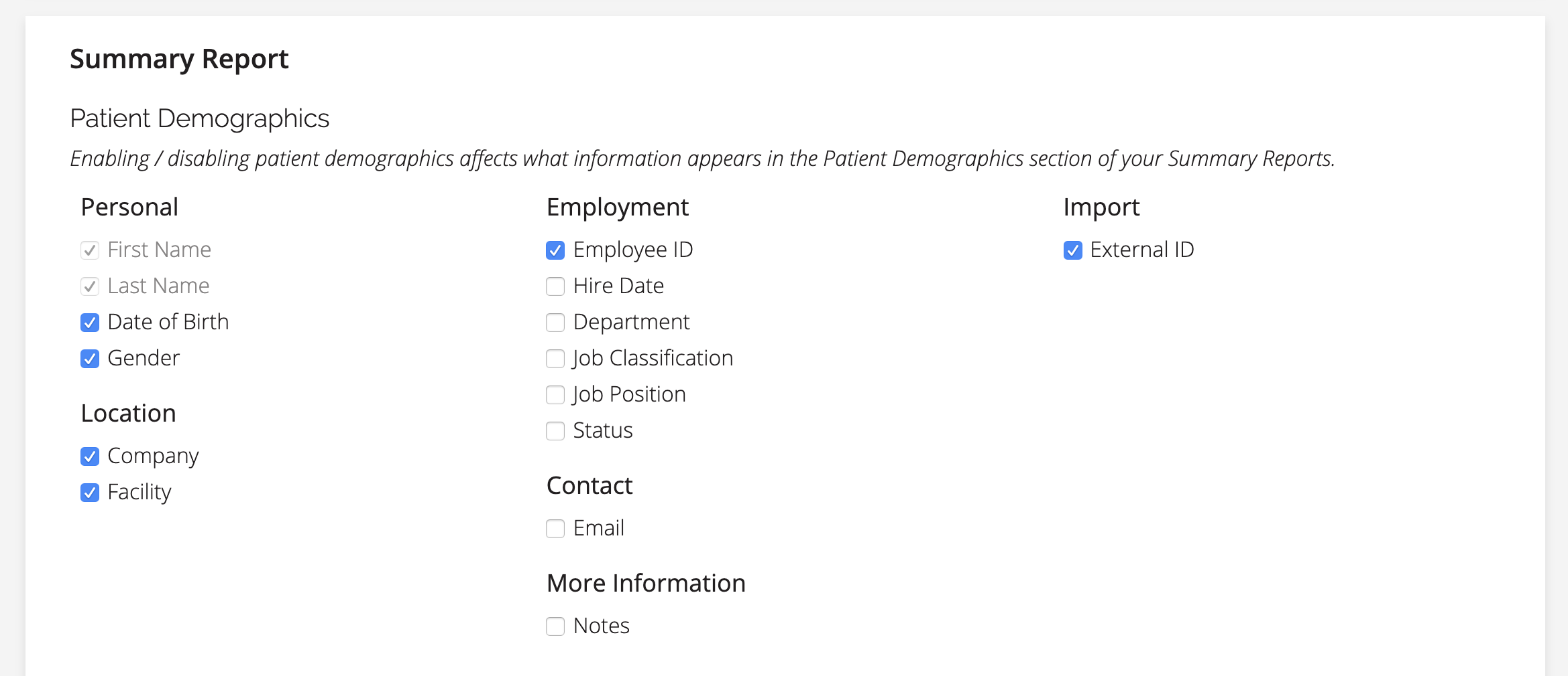 A screenshot of the summary report setting.