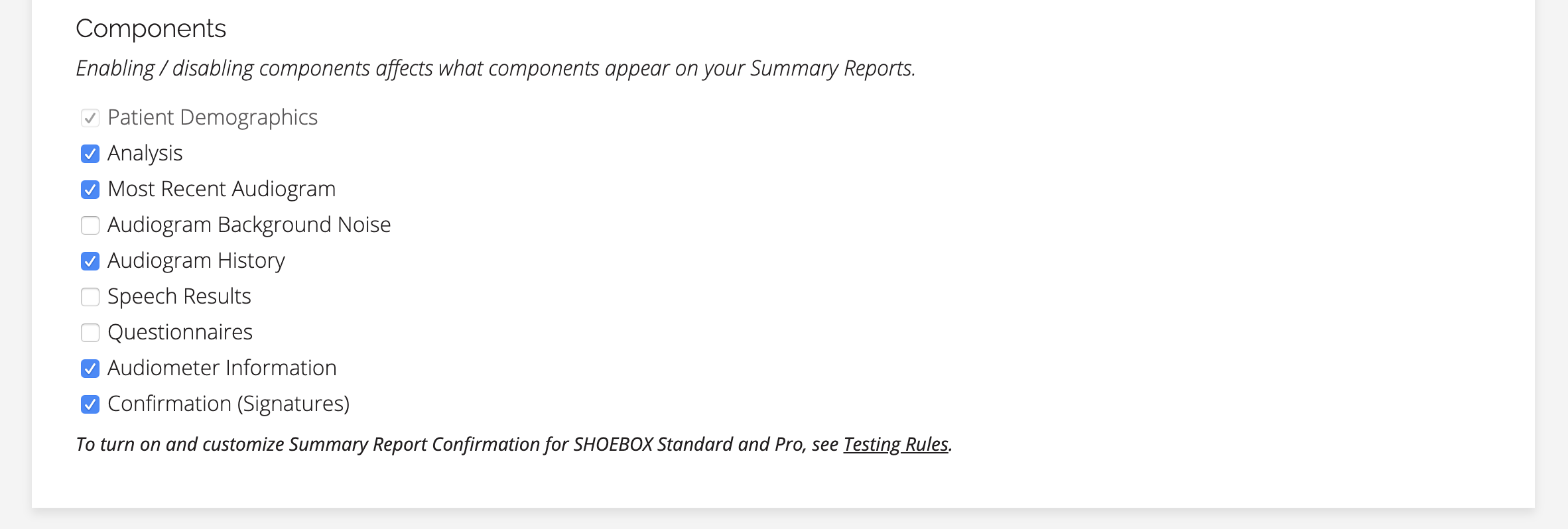 A screenshot of the report components setting.