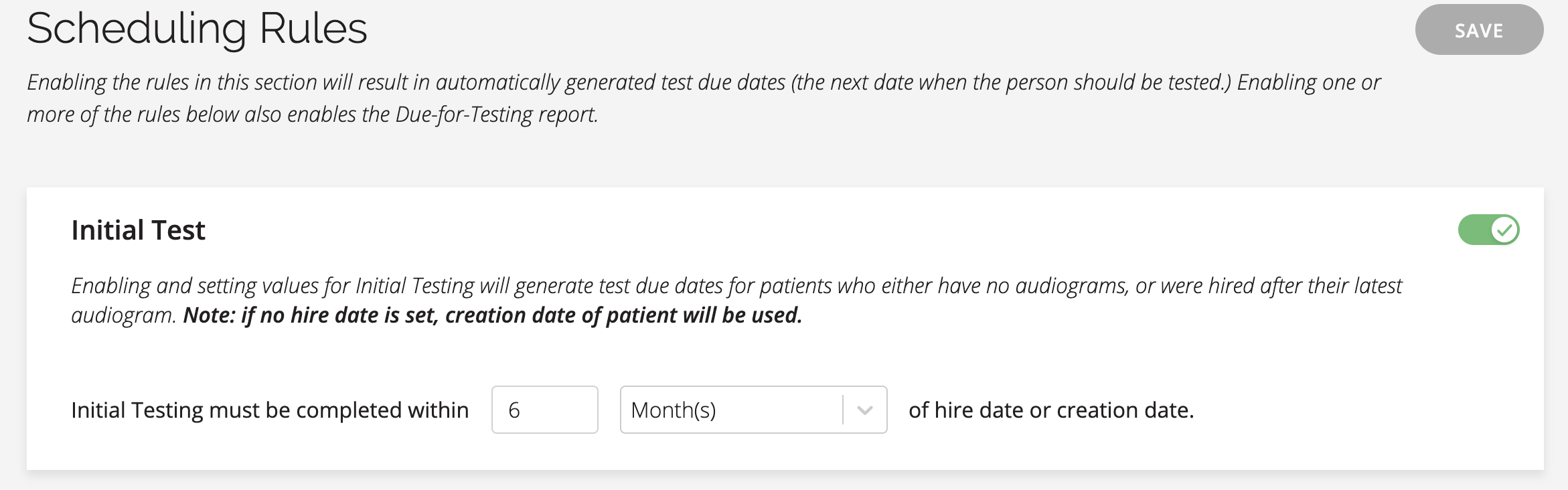 A screenshot of the initial test settings under scheduling rules.