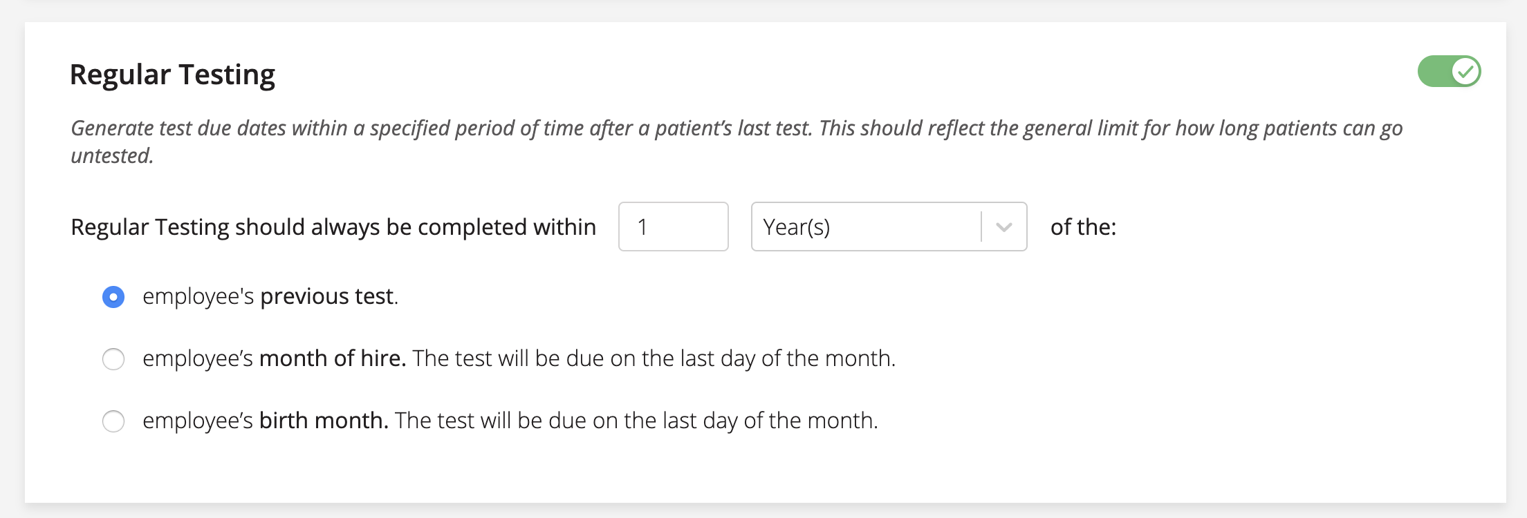 A screenshot of the regular testing settings under scheduling rules.