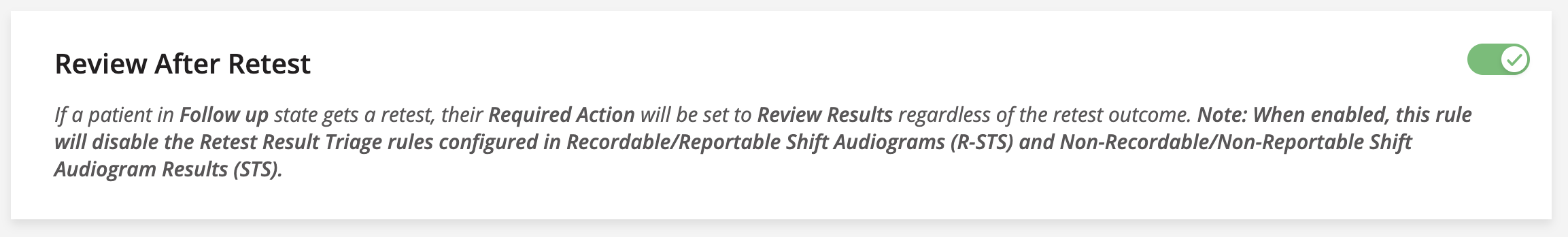 A screenshot of the Review After Retest setting.