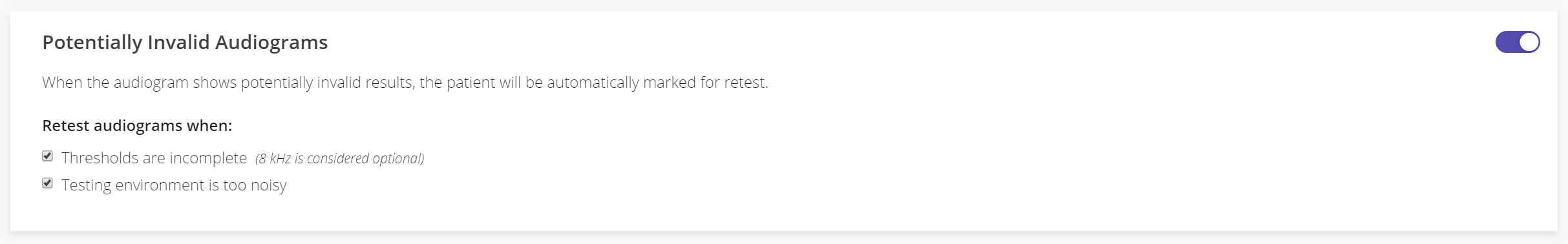 A screenshot of the Potentially Invalid Audiograms setting.