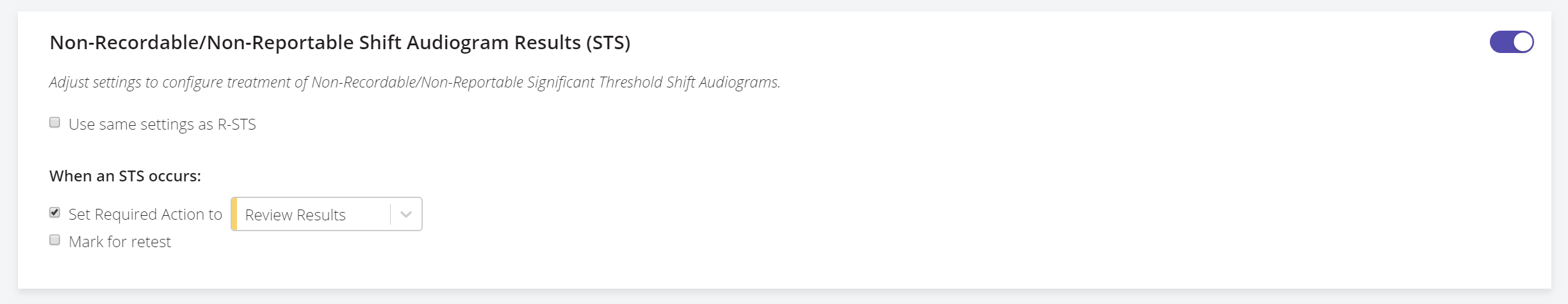 A screenshot of the Non-Recordable/Non-Reportable Shift Audiograms setting.
