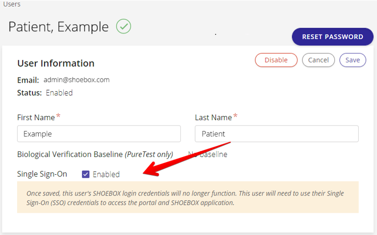 A screenshot of a user profile with SSO activated.