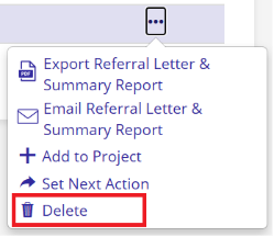 A screenshot of the three-dot menu on the Patient List with the Delete option highlighted.