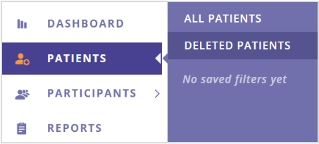 A screenshot of the Data Management Portal's side menu with Deleted Patients selected.