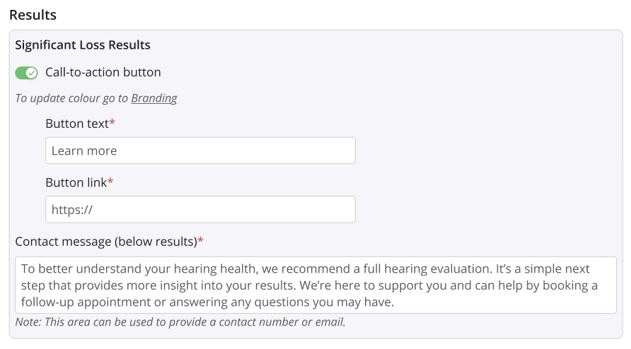 A screenshot of the result category settings for participant result emails.