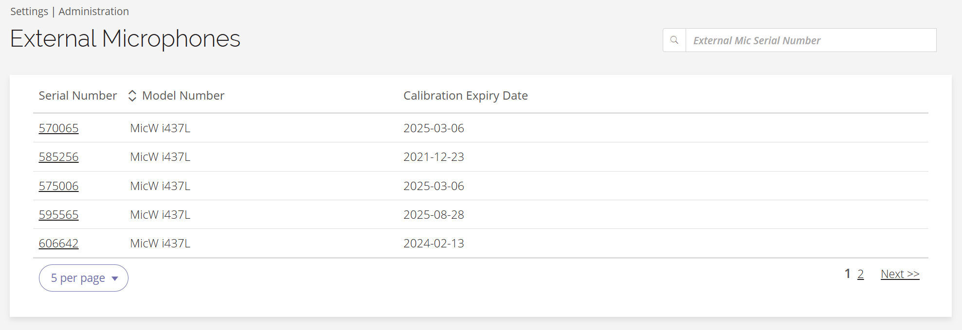 A screenshot of the External Microphones page in the Data Management Portal.