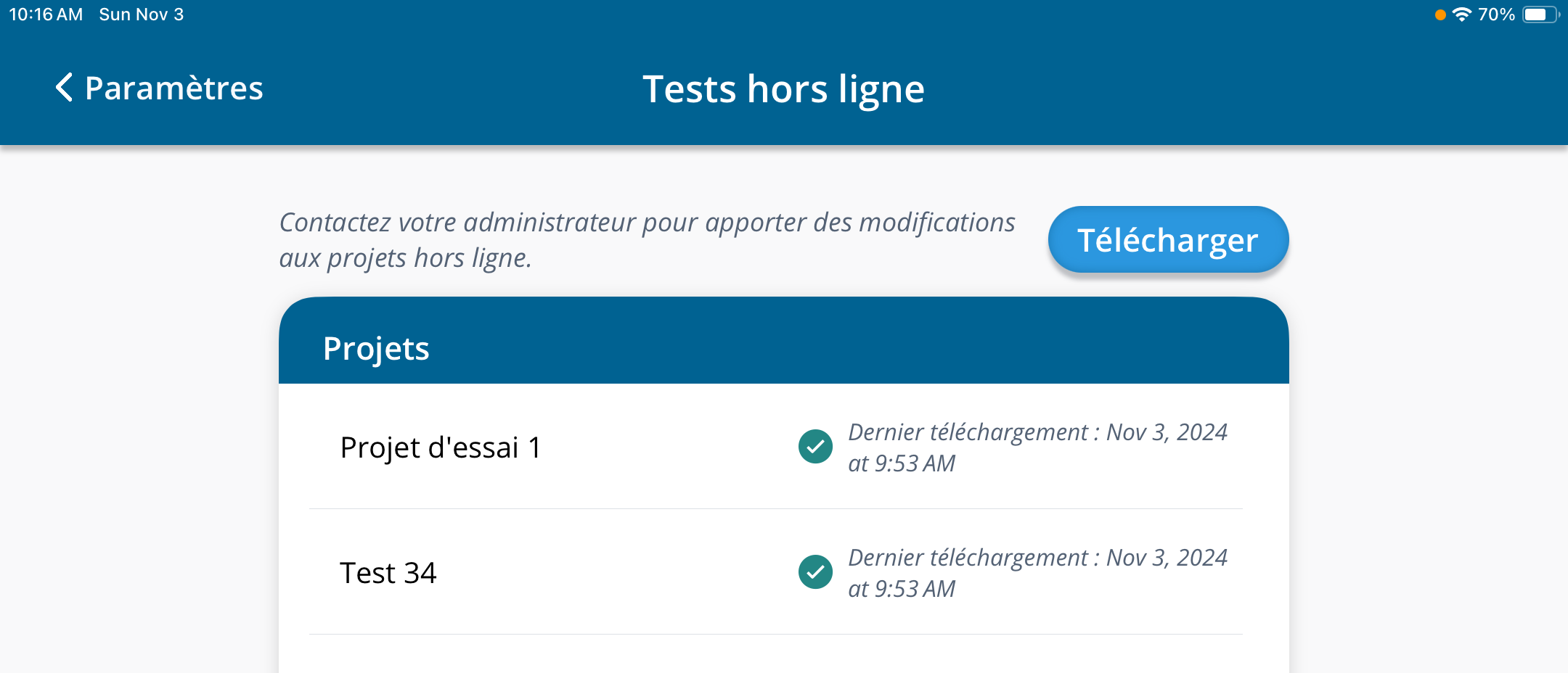 Une capture d'écran de la page « Test hors ligne ».