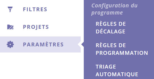 Une capture d'écran du menu latéral avec les options de configuration du programme mises en évidence.