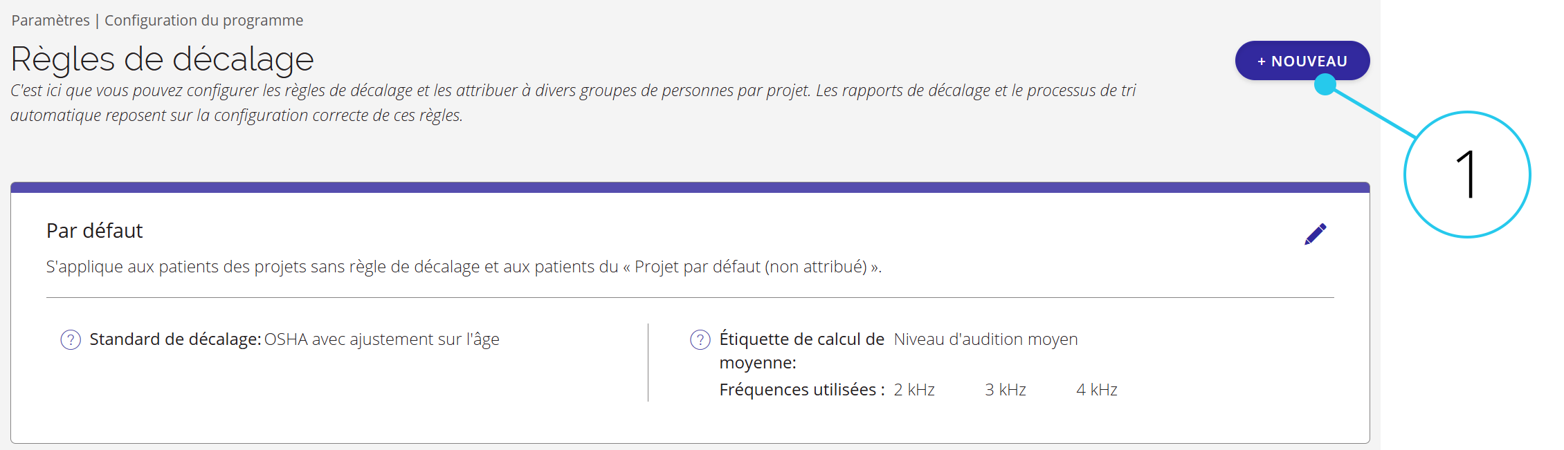 Une capture d'écran des règles de décalage avec le bouton « Nouveau » mis en évidence.