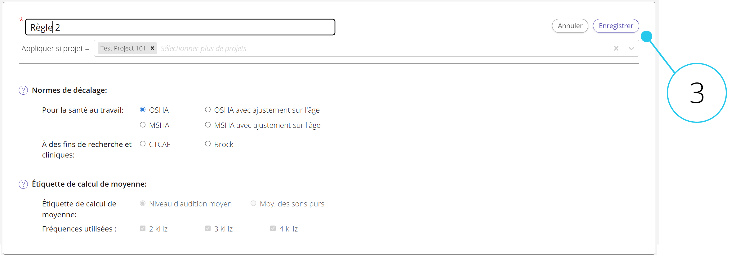 Une capture d'écran des règles de décalage en mode édition, avec le bouton « Enregistrer » mis en évidence.