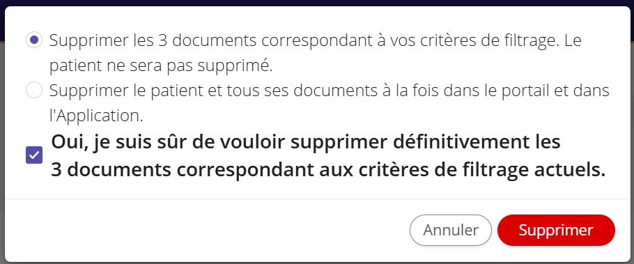 Une capture d'écran de la fenêtre de confirmation qui s'affiche lors de la suppression d'un patient.