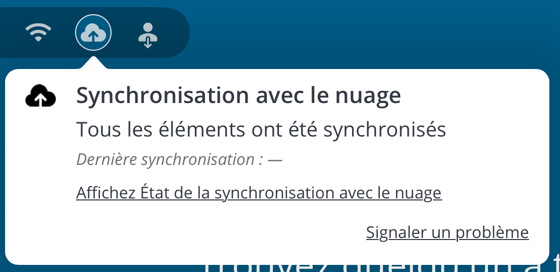 Une capture d'écran de l'icône de synchronisation sur l'écran d'accueil indiquant que tous les paramètres ont été synchronisés.